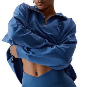 BCX8001 Women Pullover Sweatshirt Half Zip Stand Collar Long Sleeve Sweatshirt with Drawstring Sportswear