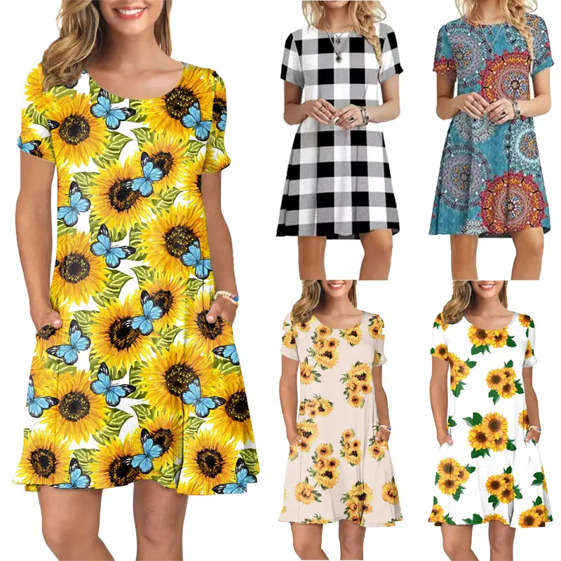 Prered Amazon Hot Sales Women's Clothes Missy Women Casual T-shirt Dresses Short Sleeve Lady Elegant Dresses Women Floral Dress