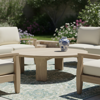Table basse RH Lagos en chêne marbré, grain naturel, pieds courbes, style village américain, durable, portable, résistante aux intempéries