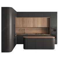 Ensemble d'armoires de cuisine en laque noire mate cuisine complète de qualité supérieure à fermeture en douceur avec îlot design moderne robinet en bois à panneau