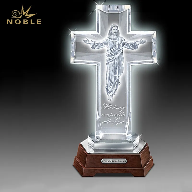 Noble-Cruz de cristal con Base de madera, regalo de negocios, logotipo personalizado, religión, Jesús, trofeo, copa, premio, artesanía de mano
