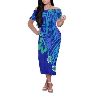 Figurbetontes Kleid Polynesisches Stammeskleidung Samoanisches Blaues Tapa-Blumenmuster Maßgeschneidertes Puffärmel Bleistiftkleid Damen Abendkleid - Product Image 1