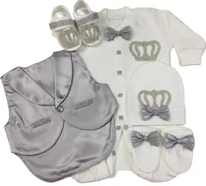 5 Pieces Custom Quality Newborn New Design Satin Vested Gift Baby Set Long Sleeve Bamboo Bubble Cotton Knitted Fabric Romper