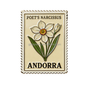 Imán de nevera de metal esmaltado con forma de flor nacional de Andorra, recuerdo de Andorra, diseño personalizado OEM, Narciso del Poeta de Andorra - Product Image 1