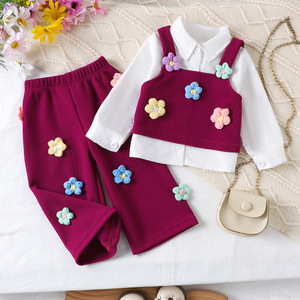 เสื้อผ้าเด็ก ฤดูใบไม้ผลิใหม่ เสื้อแขนยาวเด็กผู้หญิง เสื้อกั๊กและกางเกงสีม่วง-แดง เสื้อผ้าเด็กผู้หญิง 0-3Y - Product Image 1