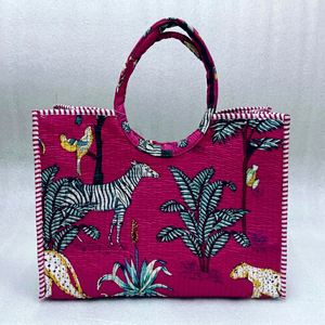 Bolsa de Mano de Algodón Acolchado con Estampado de Bloques de Tigre Rosa, Bolsa de Viaje para la Playa - Product Image 1