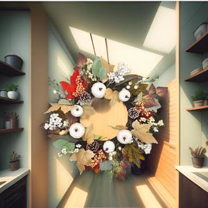 Artificial Autumn <b>Wreath</b> With White Pumpkins Maple Leaves Berries For Home Decor 40Cm - Product Image 2