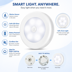 ไฟกลางคืน LED อัจฉริยะทรงกลม พร้อมเซ็นเซอร์ตรวจจับความเคลื่อนไหว ใช้พลังงานจากแบตเตอรี่ ติดตั้งได้กับตู้เสื้อผ้า ตู้เก็บของ ข้างเตียง ห้องนอน - Product Image 1