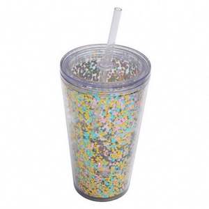 Gobelet en plastique de 24 oz à double paroi, vert phosphorescent, réutilisable, en acrylique transparent, avec couvercle et paille - Product Image 6