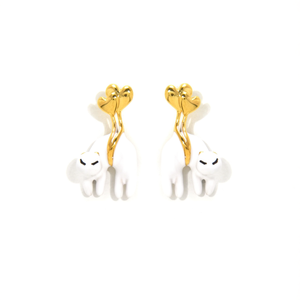 Fashion Drop <b>Earrings</b> 316L Stainless Steel PVD Gold Plating Sustainable Resistant White <b>Cat</b> Design - Product Image 2