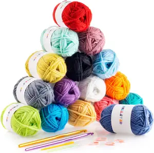 16 rolls of DIY yarn skeins kit with crochet needles and stitch makers knitting craft starter yarn set for DIY crochet toy