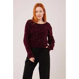 เสื้อสเวตเตอร์ผู้หญิงสีเบอร์กันดี แขนยาว ประดับด้วยหิน ดีไซน์เปิดหลัง สไตล์หรูหรา - Product Image 4