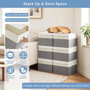 <b>Large</b> 22 Quart Linen Fabric Foldable Stackable Minimalist Storage <b>Bin</b> Flip-Top Lid Handles 4 Pack Gray White - Product Image 5