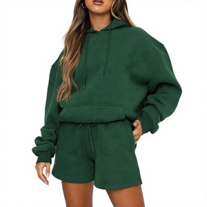Ensemble 2 pièces pour femme : sweat à capuche et short, tricot uni, tenue décontractée, coupe régulière, vêtements de sport - Product Image 3