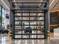 Porte de garage moderne automatique à pliage vertical en verre trempé avec cadre en aluminium, idéale pour les salles d'exposition, concessionnaires automobiles, magasins et cafés.
