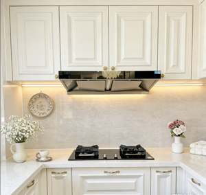 Juego de Gabinetes de Cocina de Madera Elegante en Color Blanco con Herrajes Dorados, Iluminación Debajo de los Gabinetes, Campana Extractora Integrada y Estufa para Almacenamiento en la Cocina - Product Image 1