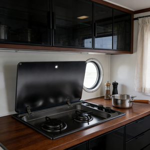 เตาแก๊ส JDA คุณภาพพรีเมียม สีดำเคลือบสแตนเลส SS304 สำหรับรถบ้าน - 2 หัวเตา พร้อมฝาครอบกระจก สำหรับคาราวาน รถแคมป์ปิ้ง เรือ และรถบ้านเคลื่อนที่ - Product Image 6