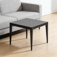 Table d'appoint carrée noire minimaliste moderne en acier inoxydable réglable avec pieds coniques et plateau en verre trempé, mobilier de salle à manger