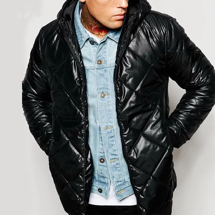 Winter Black Mens Quilted Bomber Down Jacket Puff Jacket