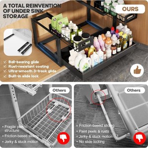 Organisateur de rangement <span class=keywords><strong>sous</strong></span> évier extensible à 2 niveaux, tiroirs réglables en hauteur avec glissières à billes améliorées - Product Image 2