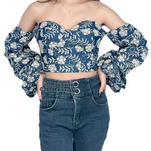 OEM Nouveau Top Court Sexy à Manches Longues et Épaules Dénudées Brodé pour Femme - Product Image 3