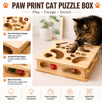 Boîte à puzzle en bois pour chat avec labyrinthe à empreintes de pattes et balles sonores, jouet interactif distributeur de friandises pour chats d'intérieur