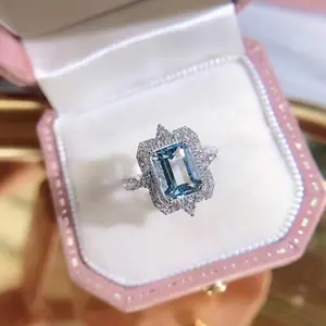 18K White Gold Diamond Cluster genuine engagement ring aquamarine stone ring