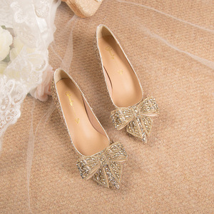 Cross-border Plus-size Wedding Shoes for Women Pointy Shallow Mouth Skinny Heels With Gold Annual Meeting Sequin Bridal Rhi - Product Image 6