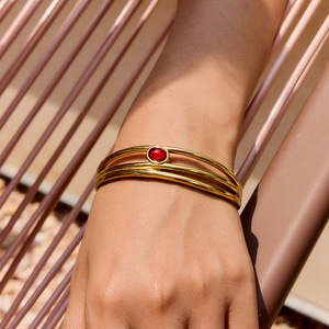 Three Layer Gold <b>Bracelet</b> With <b>Red</b> Stone Bezel Setting Unisex Jewelry Gift - Product Image 4