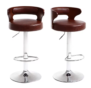 Modern <b>Vintage</b> Bar Chair with Wooden Wrap-Around Backrest, Leather Round Cushion and Black Pedestal for Cafe - Product Image 6