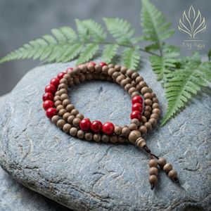Cuentas de Agarwood de Diseño Moderno, Estilo Minimalista, Agarwood Natural Vietnamita, 108 Cuentas con Coral Fósil Rojo, 62 cm de Longitud - Product Image 2