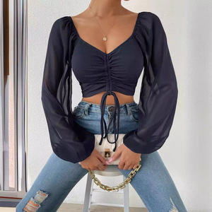Summer New Fashion Sexy Chiffon <b>Shirt</b> Top V-Neck Drawstring with Lantern Sleeves Casual Short Pattern - Product Image 1