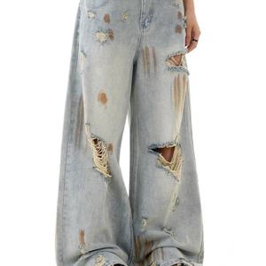 Custom Low MOQ Distressed Dirty Washed <b>Ripped</b> Baggy Straight-leg Breathable <b>Jeans</b> for <b>Men</b> Loose Denim Pants Spring Summer Autumn - Product Image 2