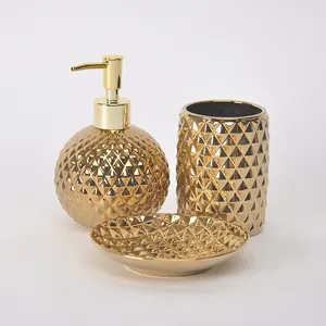 Elegant house decor handmade 3 pieces relief golden plated porcelain bathroom accessories set