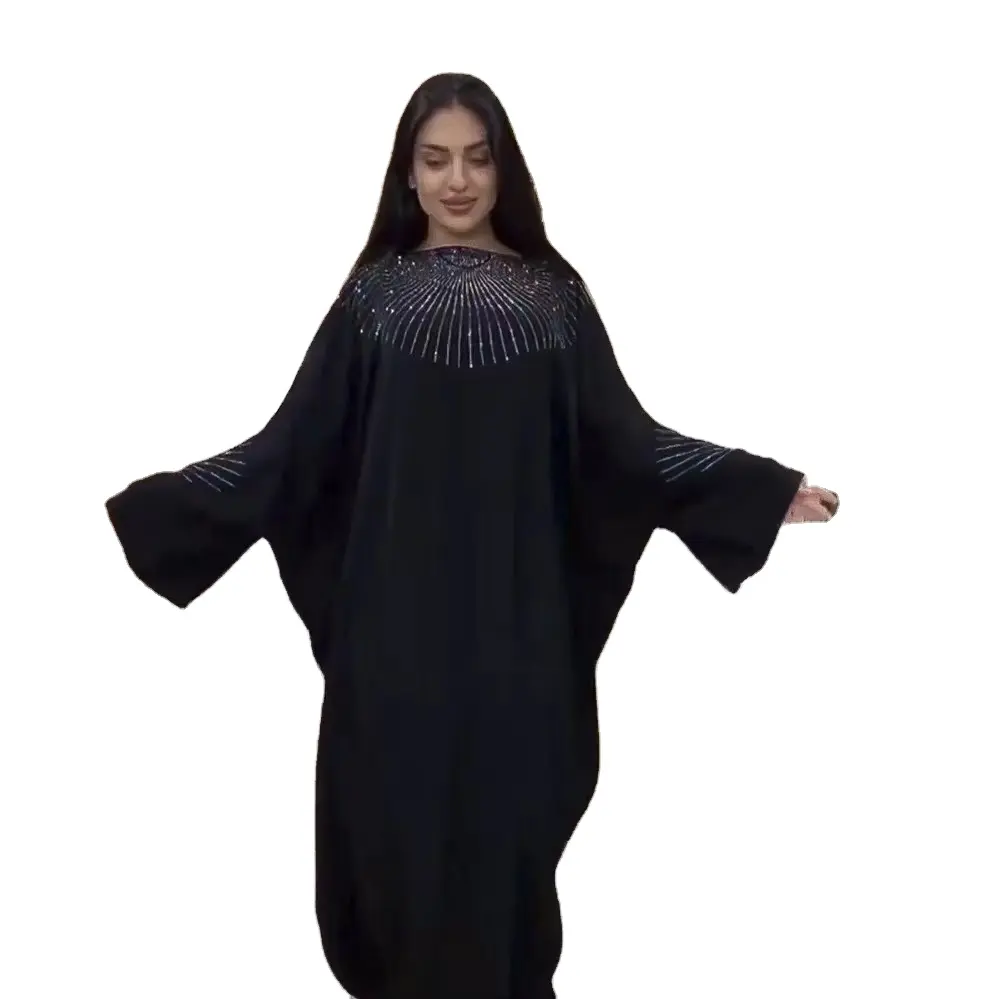 J&H 2022 latest design luxury rhinestone abaya women muslim dress black robes free size Islamic clothing kaftan style