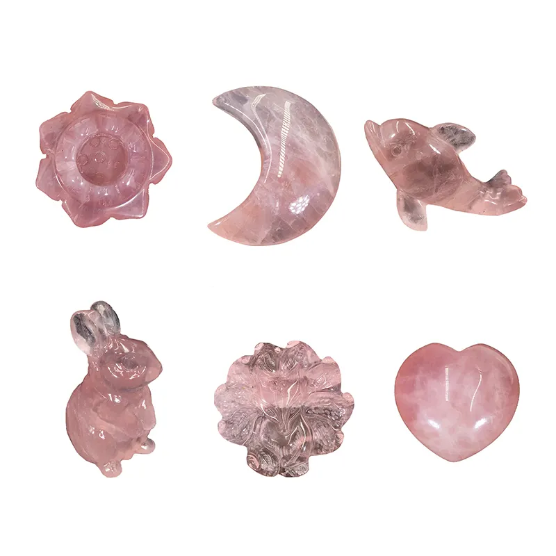 Natural Pink Crystal Moon Heart Multiple Carvings Rose Quartz Cute Decoration For Ornament