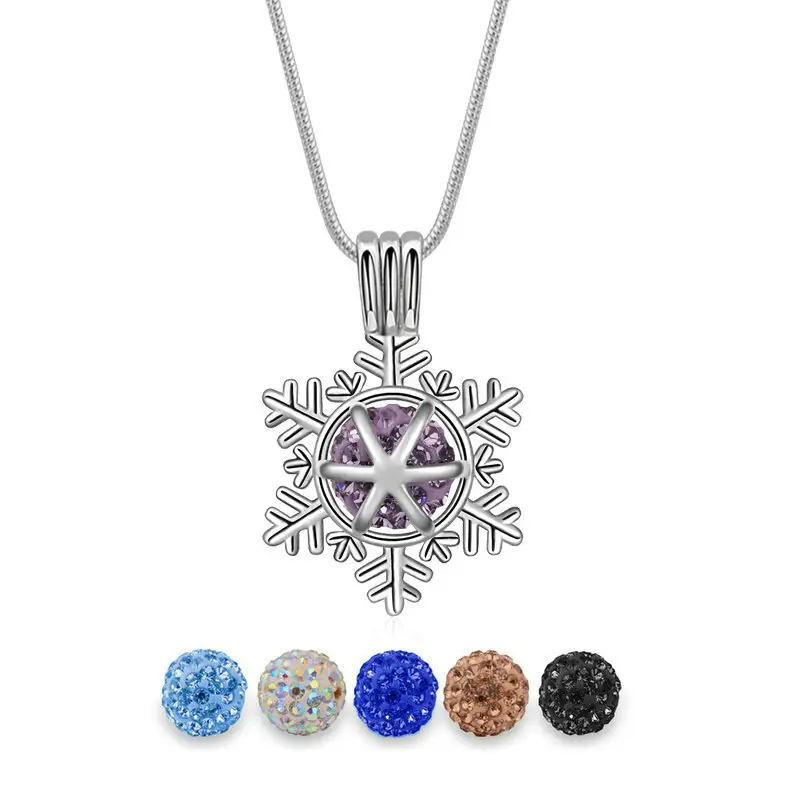 Christmas Gift Snowflake Silver Plated Crystal Ball Small Cage Snowflake Pendant Necklace