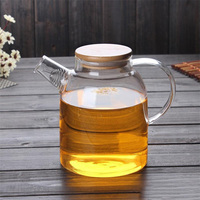 Carafe à eau/thé en verre borosilicate transparent de forme ronde de 34 oz (1000 ml) avec couvercle en bois, soufflée à la main, écologique