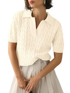 2025, prendas de <span class=keywords><strong>punto</strong></span> de manga corta de estilo coreano informal para mujeres <span class=keywords><strong>americanas</strong></span> europeas, tejido de Cable de Color puro para Polo para otoño con parte delantera L - Product Image 6