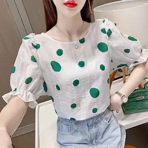 Blusa feminina elegante, camisa feminina coreana tamanho grande com bolinhas