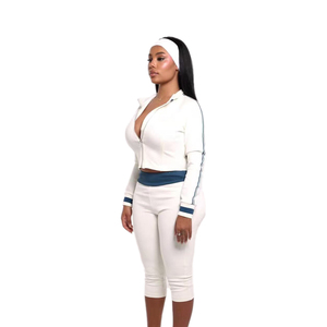 Ensemble deux pièces pour femmes KY, veste à manches longues et pantalon capri, tissu extensible, design de couleur contrastée, logo personnalisé, <span class=keywords><strong>tenue</strong></span> d'<span class=keywords><strong>automne</strong></span> - Product Image 2