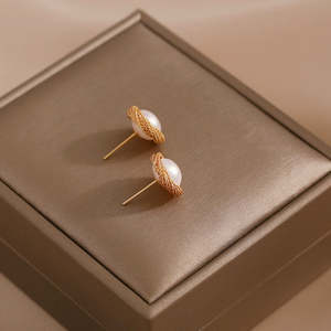 WENCHI 1573 <b>Handmade</b> Women's Pearl Stud <b>Earrings</b> with Twist Design - Product Image 3