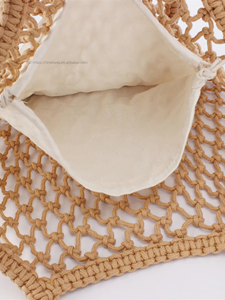 New Simple Hand-Woven Two-Strap Zip Closure Canvas Women's Beach Vacation Daily Leisure Cotton Rope <b>Net</b> Pocket <b>Bag</b> Tanjing - Product Image 3
