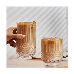 Custom 4OZ Verre Cafe Restaurant Transparent Drinking Mug Crystal Glass U Shape Highball Vertical Striped Latte Coffee Glass Cup