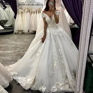 FA220 Design nuovi abiti da sposa bianchi con scollo a V di alta qualità Plus Size pizzo per donna abito da ballo da sposa lungo treno arabo signora