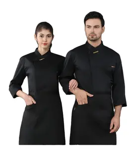 Mantel koki hitam lengan panjang untuk wanita, mantel seragam koki Hotel Bar, pakaian memasak di dapur, mantel lengan panjang 3/4 untuk pria dan wanita