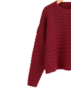 Suéter de Punto Acanalado Texturizado al por Mayor, Manga Larga, Cuello Redondo, Suave, Cálido, Informal, de Moda, Color Granate, en Venta - Product Image 2