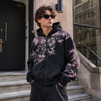 Sweat à capuche zippé personnalisé pour homme, coupe ample, en molleton 450 GSM, délavé à l'acide, impression DTG, épaules tombantes, fermeture éclair intégrale, poche avant, ourlet côtelé, OEM ODM Marque Privée