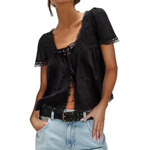 Blusa Corta con Encaje y Botones en la Parte Delantera, Estilo <span class=keywords><strong>Chic</strong></span>, para Mujer, 2026, Manga Corta Semitransparente, Cuello Redondo, Algodón, Estilo Y2K, <span class=keywords><strong>Coqueta</strong></span> - Product Image 3