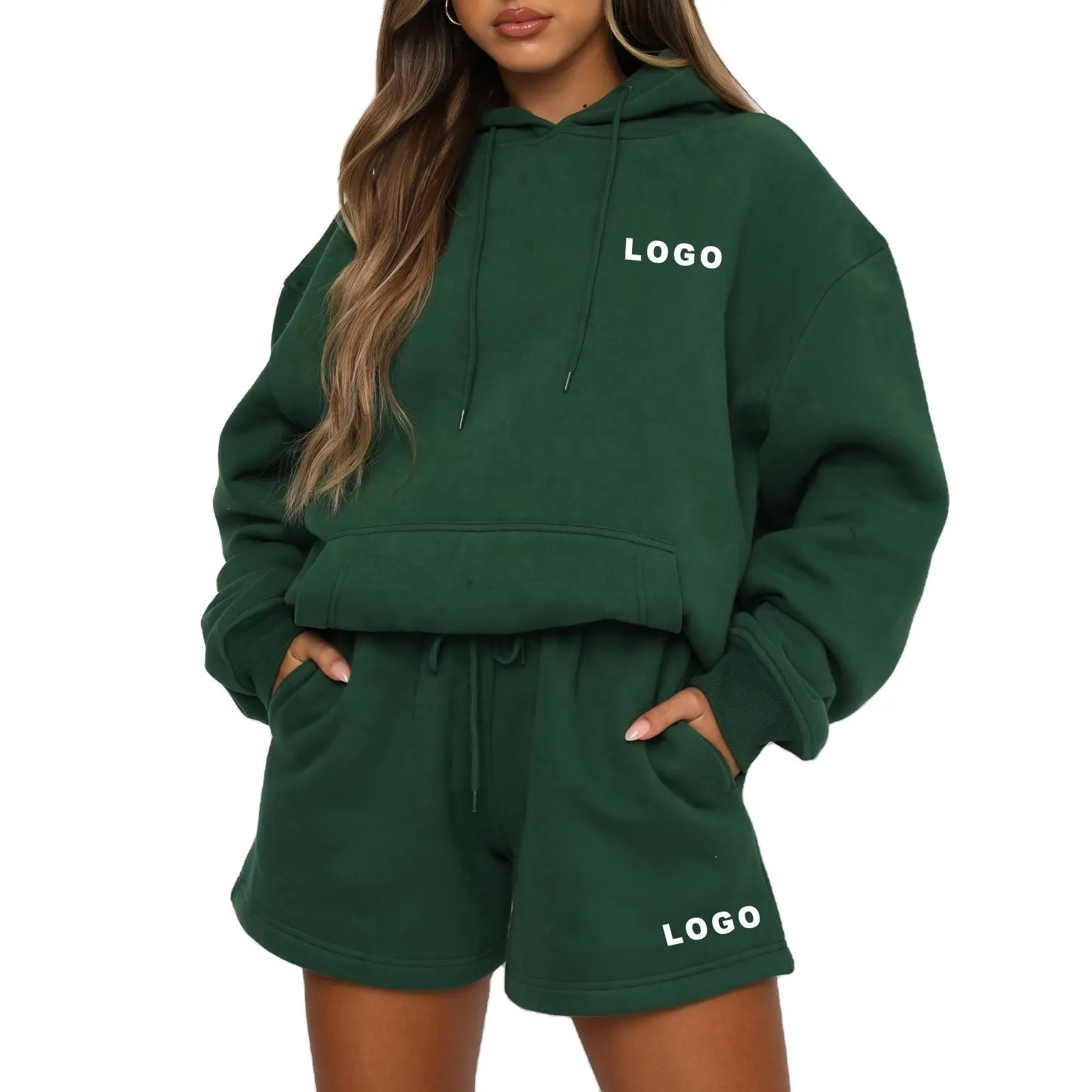 Customize Logo women 2 Piece Sets Tracksuit Custom Hoody Set Fleece Two Piece Oversized Hoodie And Sweat Shorts Set for women